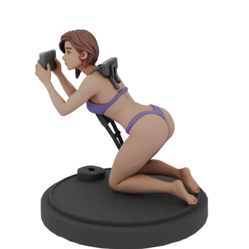 3D-Modell eines Mädchens im lila Bikini, das ein Gadget auf einem runden Ständer hält, Seitenansicht