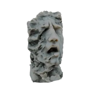 Render 3D de un busto de mármol con un rostro distorsionado y gritando, renderizado en tonos grises y blancos sobre un fondo