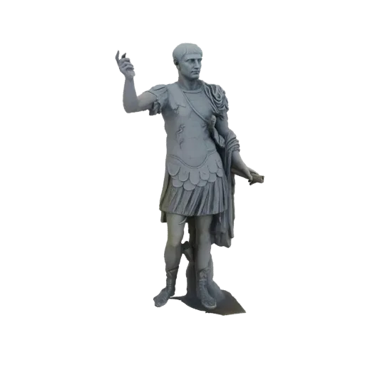 3D model of Augustus Caesar, depicted as a full-body statue in Roman military attire, with one arm raised.