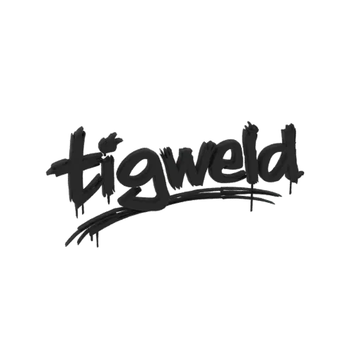 3D model of the 'Tigweld' logo in a dark, metallic graffiti style with visible brush strokes and drips.