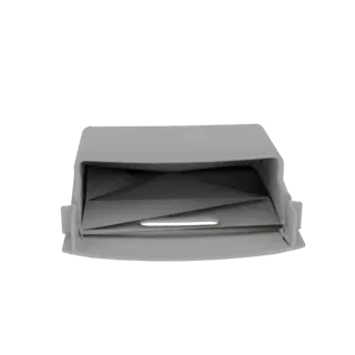 A 3D render of a gray geometric storage box with sharp, origami-like folds and an open interior.