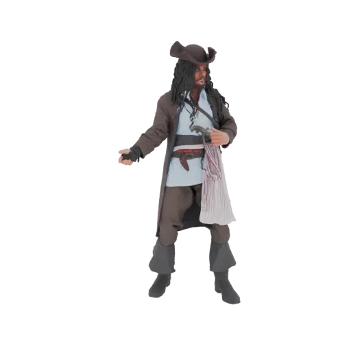 Modelo 3D do Capitão Jack Sparrow em traje de pirata, segurando uma pistola e um pano enrolado.