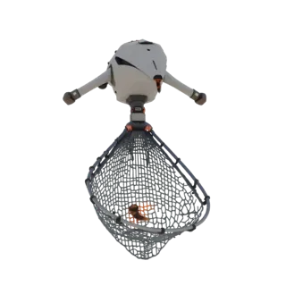 3D model of a jet drone with its trap net deployed, containing an orange insect.