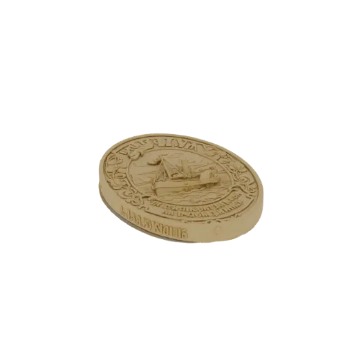 3D model of an oval embossed coin with a ship, wreath, and text, presented on a white background.
