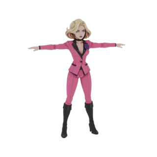 3D model of a stylized woman with blonde hair wearing a pink suit and black boots, standing in a T-pose.
