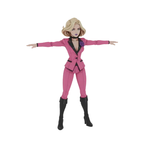 3D model of a stylized woman with blonde hair wearing a pink suit and black boots, standing in a T-pose.