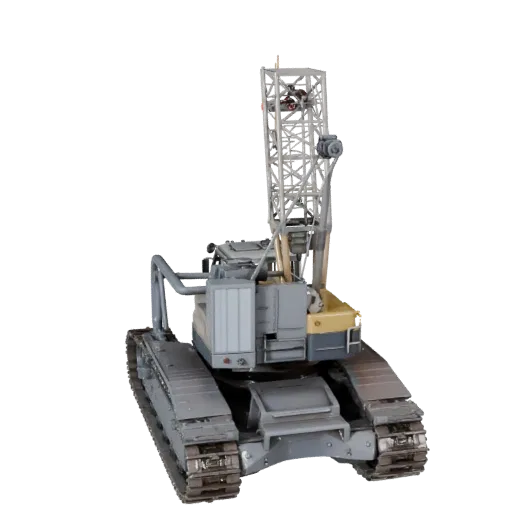 Modèle 3D de grue mobile, vue de profil, rendu de fenêtre technique, montrant l'acier peint, le détail de la forme.