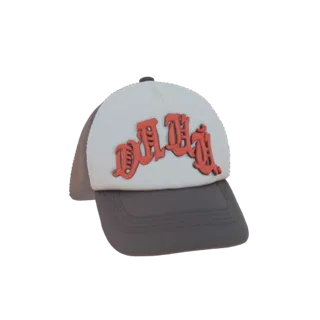 Un rendering 3D di un cappellino trucker con pannello frontale bianco, visiera e parte posteriore grigie, e un logo 'DOLLIN'