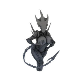3D model render of a female Alien Queen bust with a grey, matte finish, showcasing intricate biomechanical details and a mena