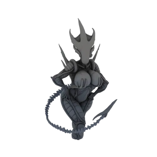 Rendu 3D d'un buste de Reine Alien femelle avec une finition grise mate, montrant des détails biomécaniques complexes et une