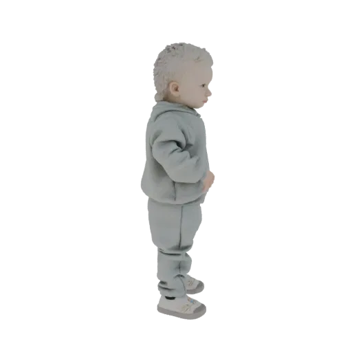 3D model of a toddler standing in profile, wearing a light gray hoodie and pants, with curly blonde hair.