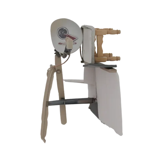 3D model of a vintage high chair with a retro lamp attached to the side, showcasing wooden and fabric textures.