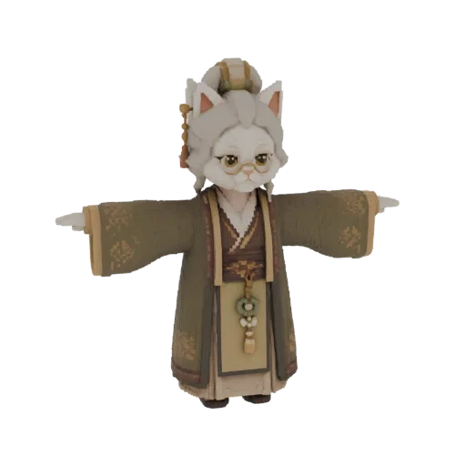 3D-Modell einer weißen Katze mit Brille und traditioneller grüner Robe, die mit ausgestreckten Armen steht.