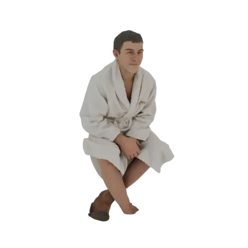3D-Modell eines jungen Mannes, der lässig in einem weißen Bademantel sitzt, mit gekreuzten Beinen und gefalteten Händen.