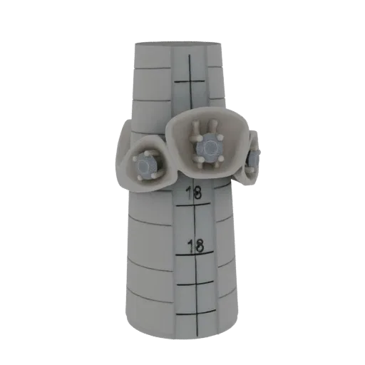 3D-Modell eines konischen Ringmaßes mit Blumenverzierungen und Größenmarkierungen, präsentiert auf weißem Hintergrund.