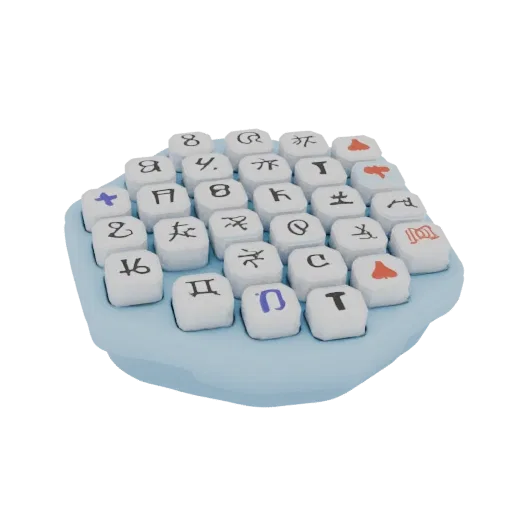 A 3D render of a pastel-aesthetic marker organizer with white dice displaying various symbols on a light blue base.