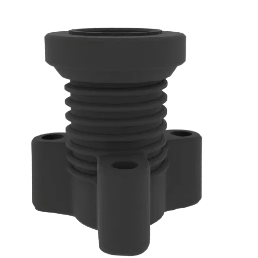 3D render of a dark gray industrial bellows with a four-bolt mounting flange at the base, set against a black background.