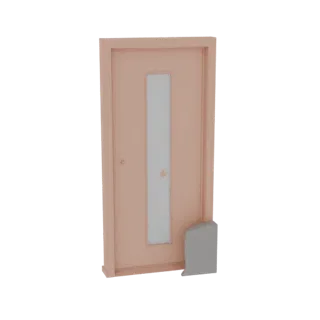 3D model of a modern peach-colored interior door with a tall frosted glass panel and a matching door stop, shown against a wh