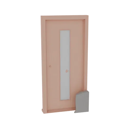 3D model of a modern peach-colored interior door with a tall frosted glass panel and a matching door stop, shown against a wh