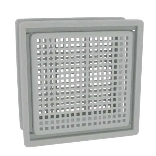 3D model of a gray glass block with a grid pattern on its surface, isolated on a white background.