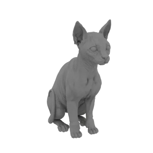 A detailed 3D model render of a Sphynx cat sitting, showcasing its unique wrinkled skin and large ears.