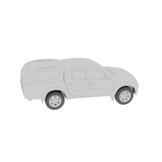 Un rendu 3D d'un pick-up blanc avec un canopy, vu de côté.