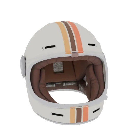 3D model of a white retro racing helmet with orange, brown, and yellow stripes, showing the interior lining.
