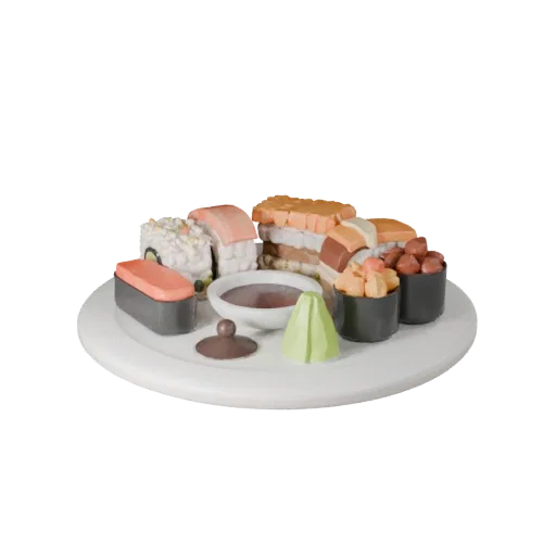 Gourmet Sushi Set Stylized 3D model, stylized isometric render, showing sauces, plated composition.