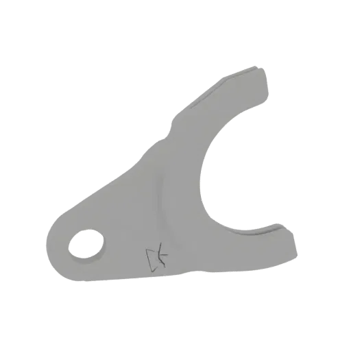 Modèle 3D d'un support industriel gris avec un trou de boulon circulaire et une petite marque gravée.