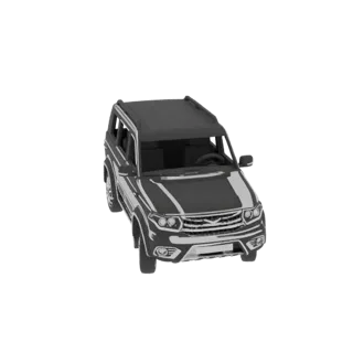 A 3D render of a dark grey SUV, viewed from a slightly elevated front-left angle against a white background.