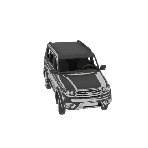 Un rendering 3D di un SUV grigio scuro, visto da un'angolazione anteriore sinistra leggermente elevata su sfondo bianco.