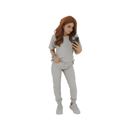 3D model of a woman with auburn hair, wearing a light grey t-shirt, joggers, and white sneakers, holding a smartphone.