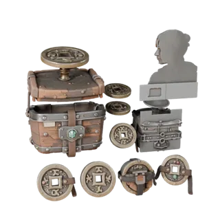Adventurer Coin Pouch 3D model, three-quarter front view, Unreal Engine viewport, showing aged wood, form detail.