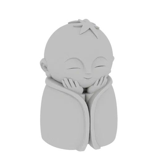 3D model of a cute baby monk with closed eyes, hands on cheeks, and a star ornament on its head, rendered in a neutral gray.