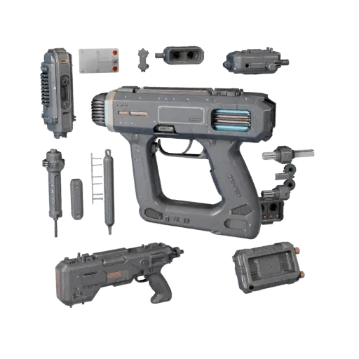 Holographic Projector Modular 3D model, isometric modular kit view, showing emissive strips, strong prop silhouette.