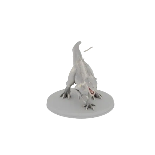 3D model of an aggressive raptor with mouth open, standing on a circular base.