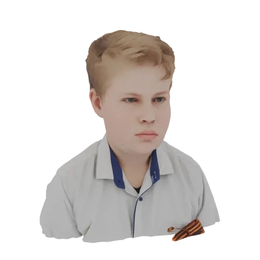 3D model of a young boy with blond hair, wearing a light shirt with a blue collar and a St. George ribbon on his chest.