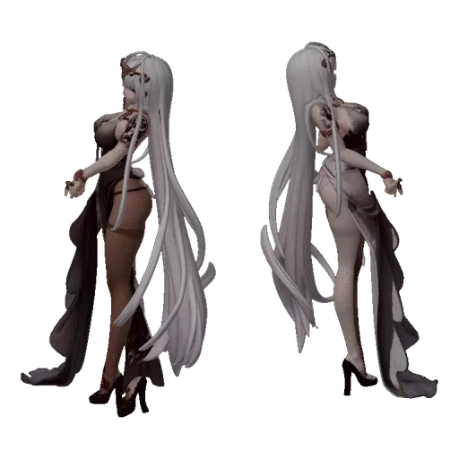 3D model of a gothic sorceress with long white hair, wearing a black dress, with a regal crown and red eyes.