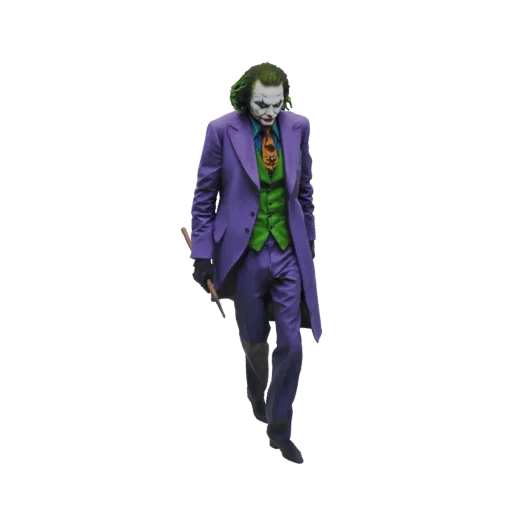 3D model of The Joker walking, wearing a purple suit and green vest, with green hair and white face paint.