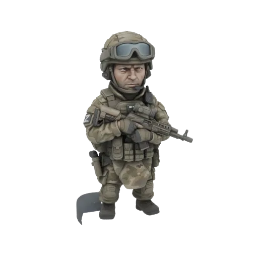 3D model of a chibi soldier wearing a helmet with goggles and holding a rifle, rendered against a black background.