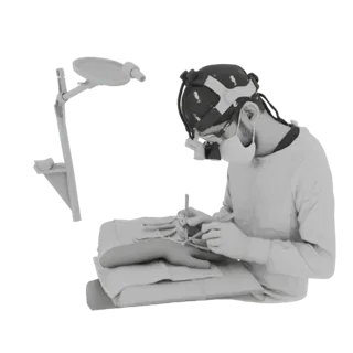 3D model of a micro surgeon wearing loupes and mask, performing surgery on a human hand with instruments.