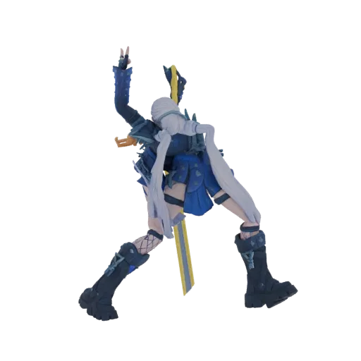 3D model of an anime warrior with white hair, blue armor, and a sword, in a dynamic action pose.