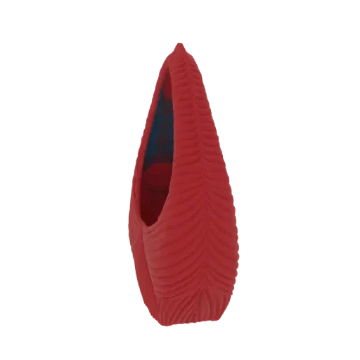 A 3D render of a textured red ballet flat shoe, viewed from the side, with a blue interior lining.