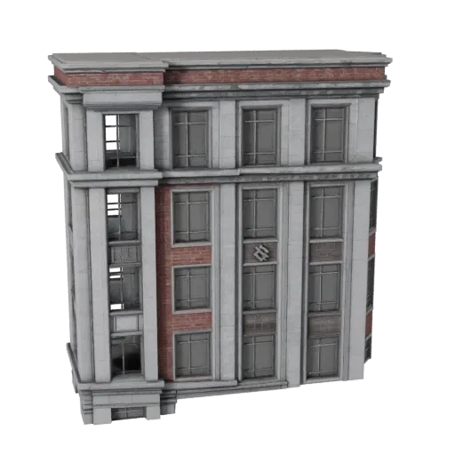 Stone Facade realistic 3D model, three-quarter exterior view, showing building facade materials and architectural detail