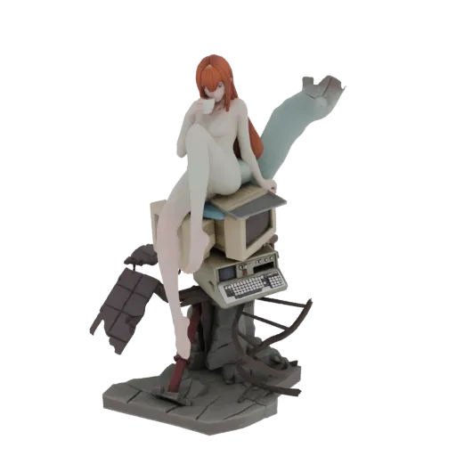 3D model of a cyberpunk girl with orange hair, wearing a light bodysuit, sitting on a stack of old computers and drinking fro