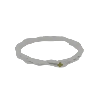 3D model of a textured white ring with a small, intricate gold cross accent on the band, presented on a white background.