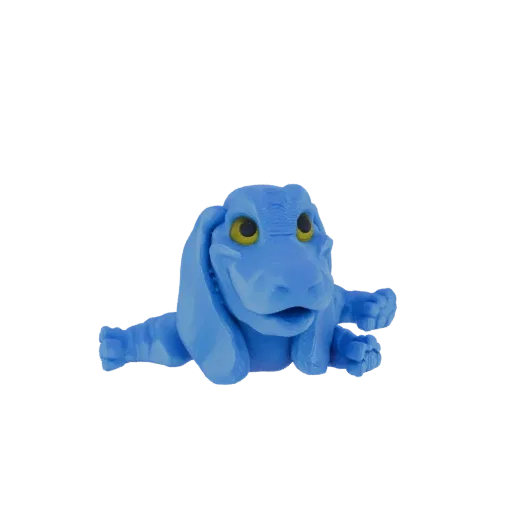 A 3D render of a cute, blue cartoon dinosaur with large yellow eyes and floppy ears, lying down with its limbs spread out.