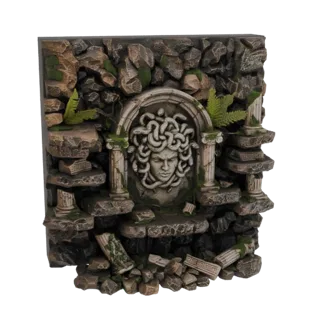 3D model of Medusa's Grotto diorama with a detailed relief of Medusa's head, surrounded by broken ancient ruins, moss, and fe