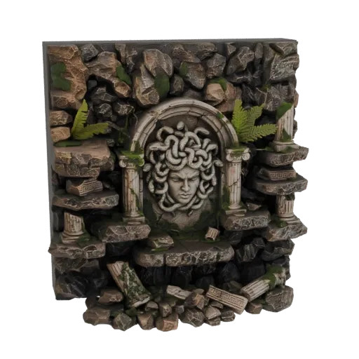 3D model of Medusa's Grotto diorama with a detailed relief of Medusa's head, surrounded by broken ancient ruins, moss, and fe
