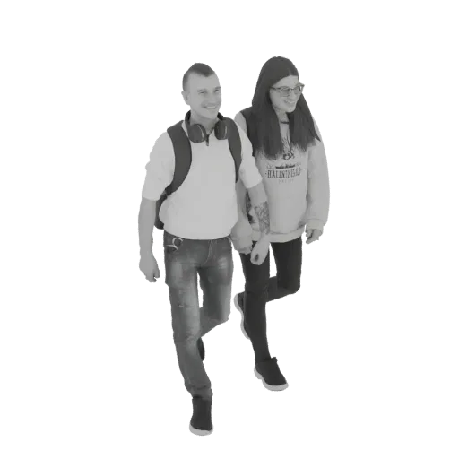 3D model of a young couple walking together, holding hands, rendered in grayscale.